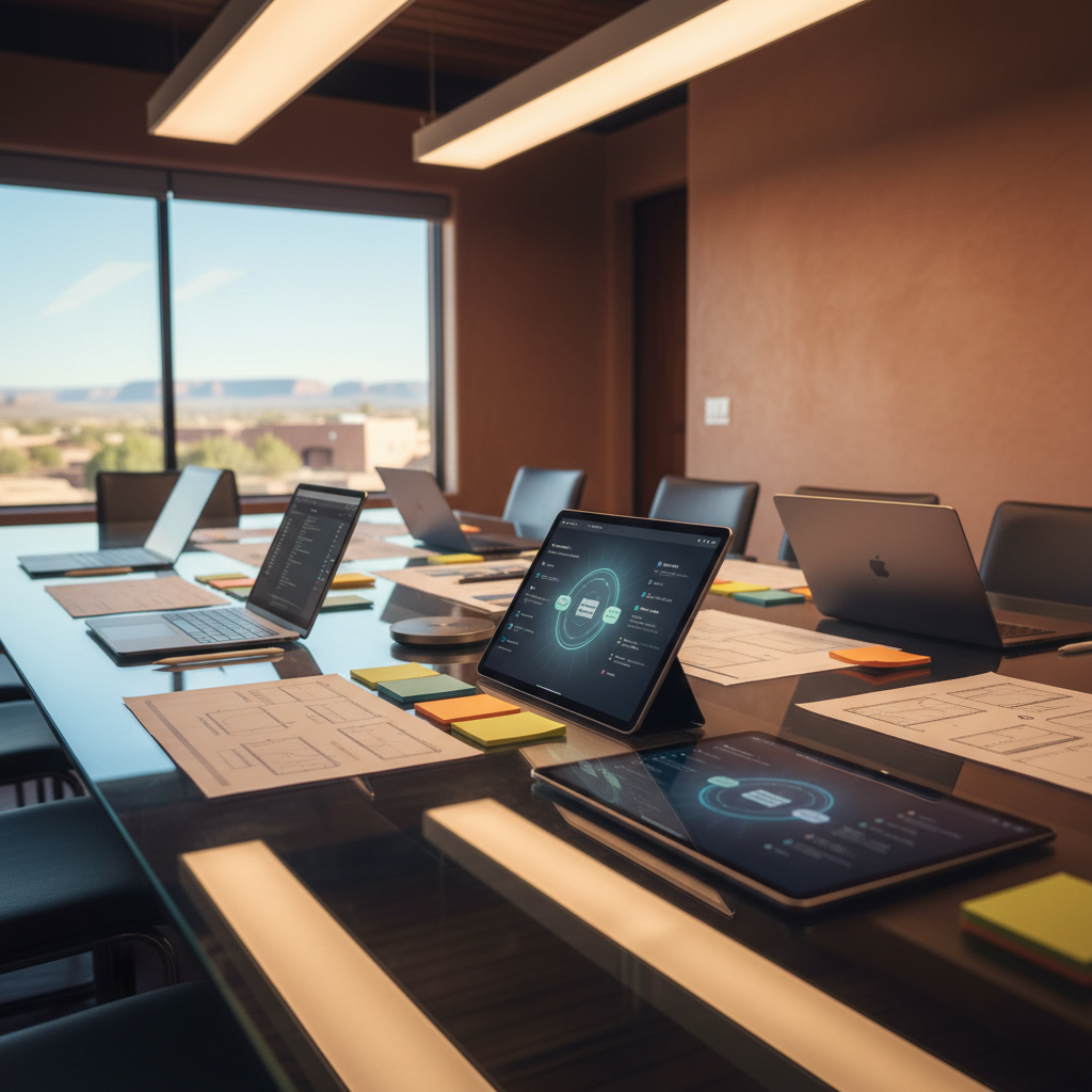 A polished glass-topped conference table displays an organized layout of a tech product development roadmap, shown through high-resolution tablet screens, printed wireframes, and color-coded sticky notes. At the center, a dark titanium tablet shows a clean interface of a project timeline with milestones highlighted in subtle blues and greens. Surrounding devices, including a slim graphite laptop and a compact smart hub, are neatly aligned. Warm overhead LED panel lighting casts soft, even illumination, creating gentle reflections on the glass surface. The setting suggests a modern Santa Fe office with a blurred, sunlit adobe-textured wall and a hint of desert landscape through a distant window. Shot from a slightly elevated angle with sharp focus throughout, the atmosphere feels organized, strategic, and highly professional in photographic realism.