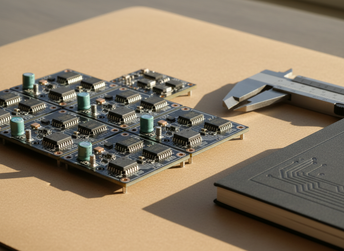 A close-up of a modular circuit board prototype laid out on a warm, sand-colored work surface, featuring meticulously arranged components in a clean, geometric pattern. Matte-black PCBs with precision-etched silver traces connect compact, graphite-colored housings, microchips, and cylindrical capacitors in muted teal and copper tones. Beside the board lies a brushed aluminum caliper and a slim graphite notebook with a subtle embossed logo. Late afternoon natural light from a nearby window washes across the scene, casting long, soft shadows and highlighting the subtle textures of solder points and materials. Captured from a low, side angle with a shallow depth of field, the foreground details are razor sharp while the rear components melt into creamy bokeh. The mood is focused, meticulous, and innovative, presented in clean photographic realism.