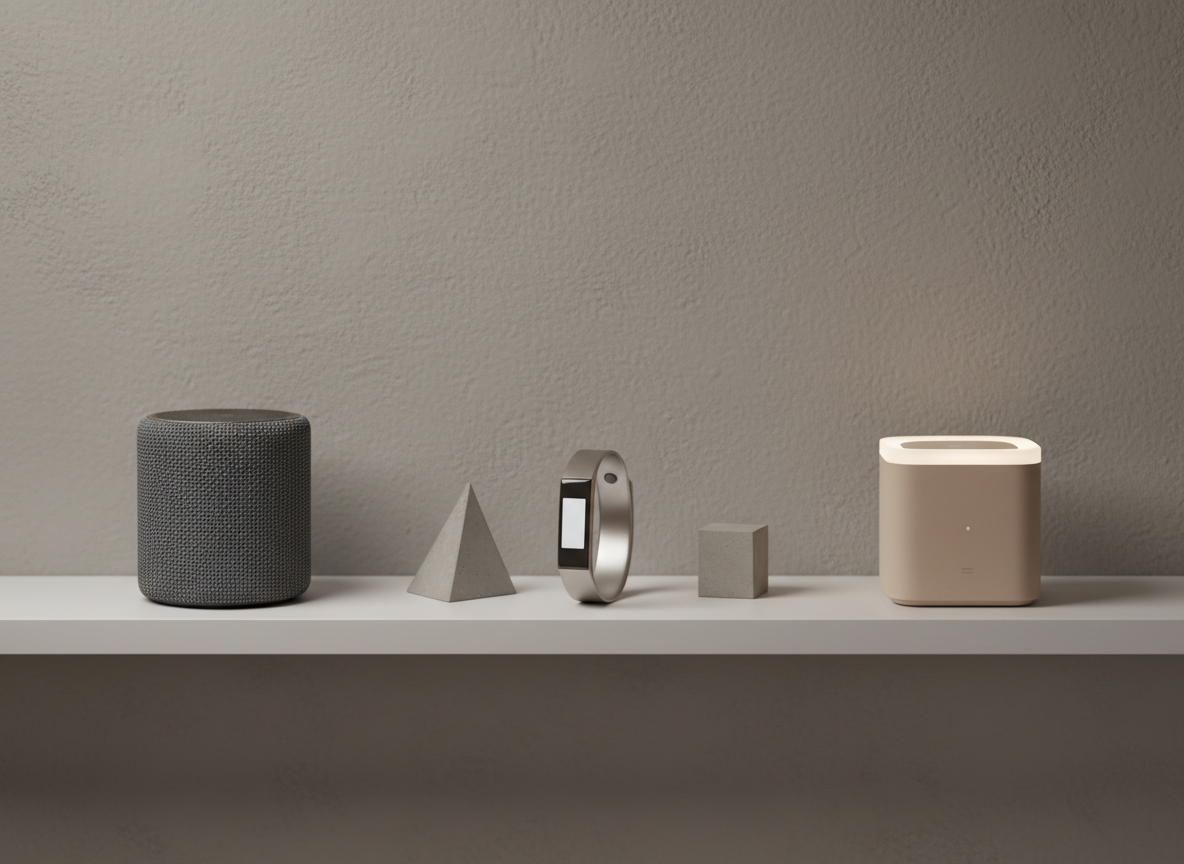 An elegantly arranged trio of finished consumer tech products sits on a narrow, matte-white display shelf against a softly textured, warm-gray wall reminiscent of Santa Fe adobe. The products include a compact smart speaker with woven charcoal fabric, a slim metallic-silver wearable band with a minimalist display, and a small, sand-colored smart home hub with a subtle illuminated ring. Each object is carefully spaced to create a balanced composition, with a few small, geometric concrete decor elements for visual interest. Soft studio lighting from the upper left produces gentle gradients, crisp edges, and minimal shadows, emphasizing the refined materials. Shot straight-on with a medium depth of field, the scene feels calm, premium, and user-centered, showcasing photographic realism with a clean, gallery-like presentation ideal for a product development company’s homepage hero image.